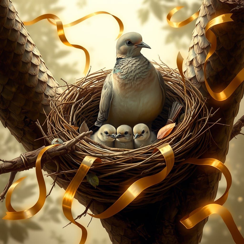 Dove Family Nest with Goldfinch Image