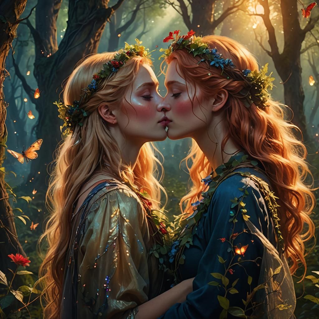 Blonde Woman Kisses Redhead in Whimsical Forest