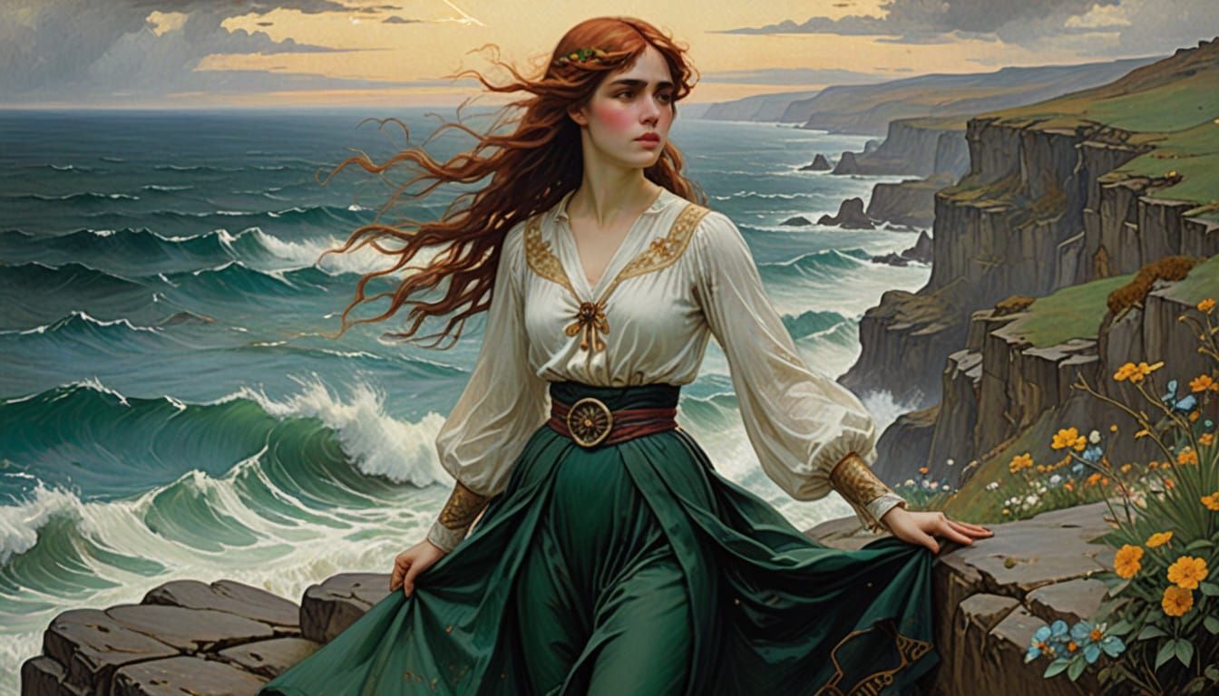Ethereal Pre-Raphaelite Goddess on Cliff's Edge