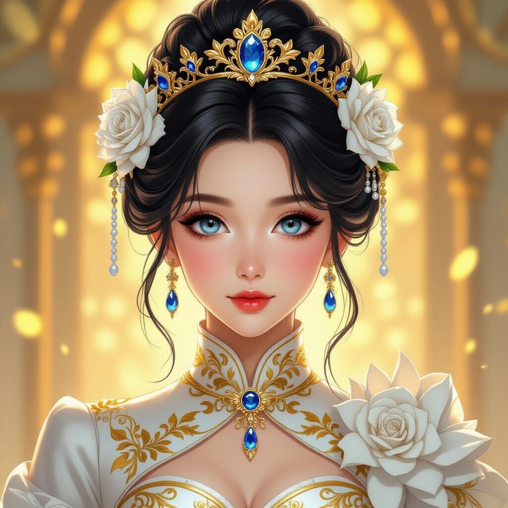 Anime-Style Young Woman with Golden Crown and Roses