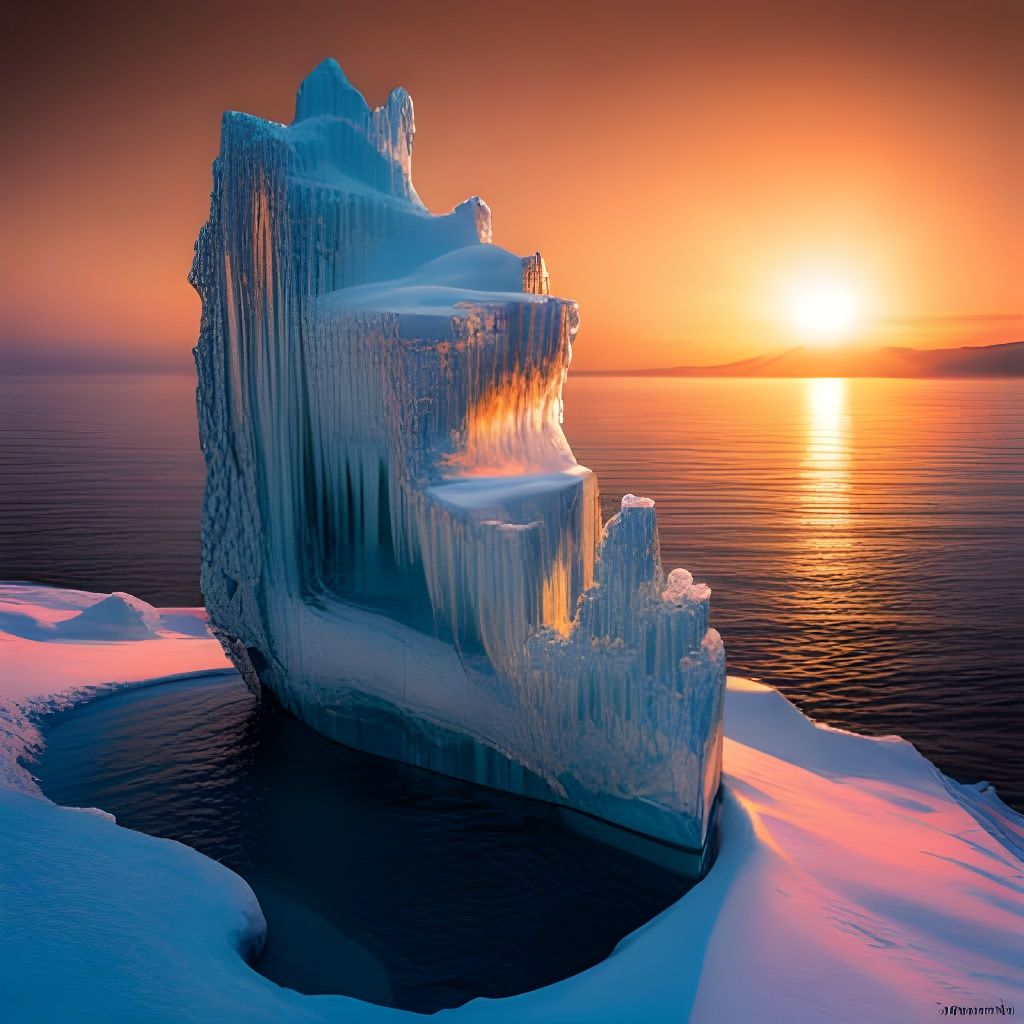 Ice Sculpture Reflecting Sunset in Detailed Photoillustratio...