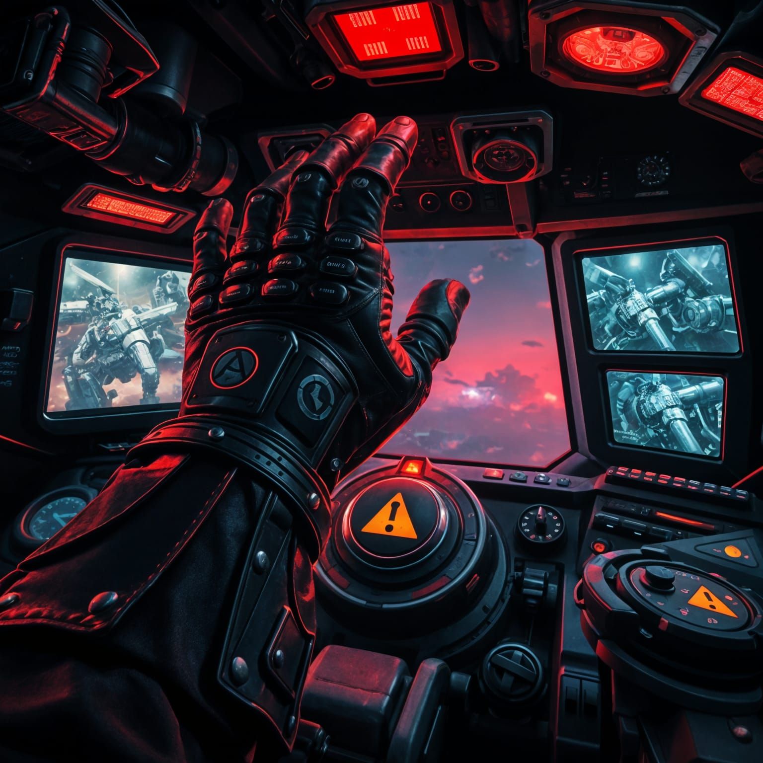 Gloved Hand Reaches for Control in Futuristic Mech Cockpit