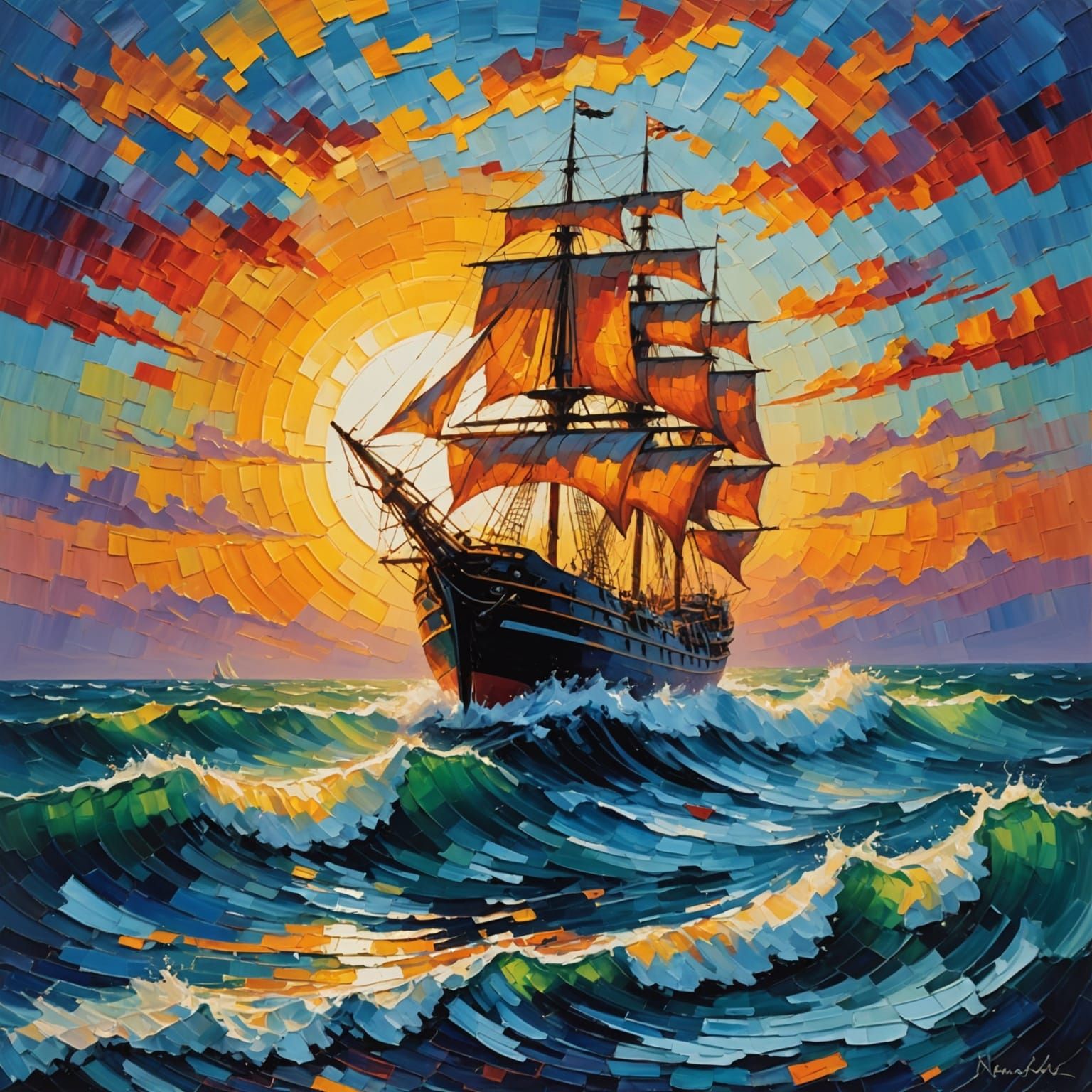 Neoimpressionist Ship at Sea at Dawn