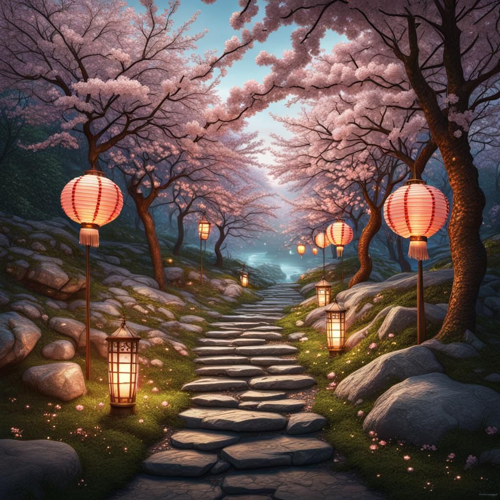 Illuminated Cherry Blossom Forest Path at Night