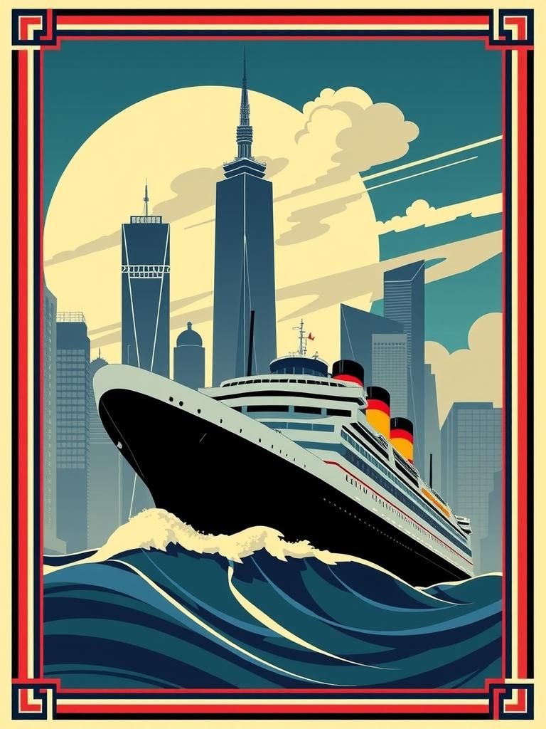 Art Deco Poster of Skyscrapers and Ocean Liners