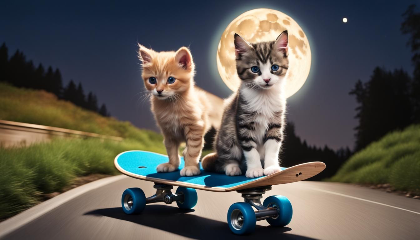 Puppy and Kitten Skateboarding Under the Moon