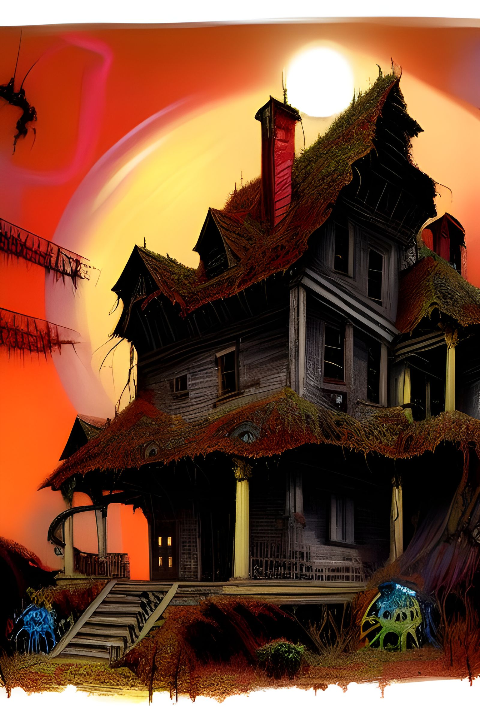 Colorful Haunted House in Photorealistic Comic Style