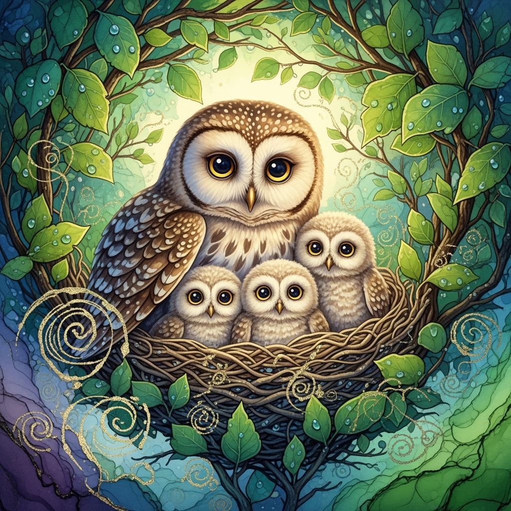 Mother Owl and Owlets in 3D Watercolor Render