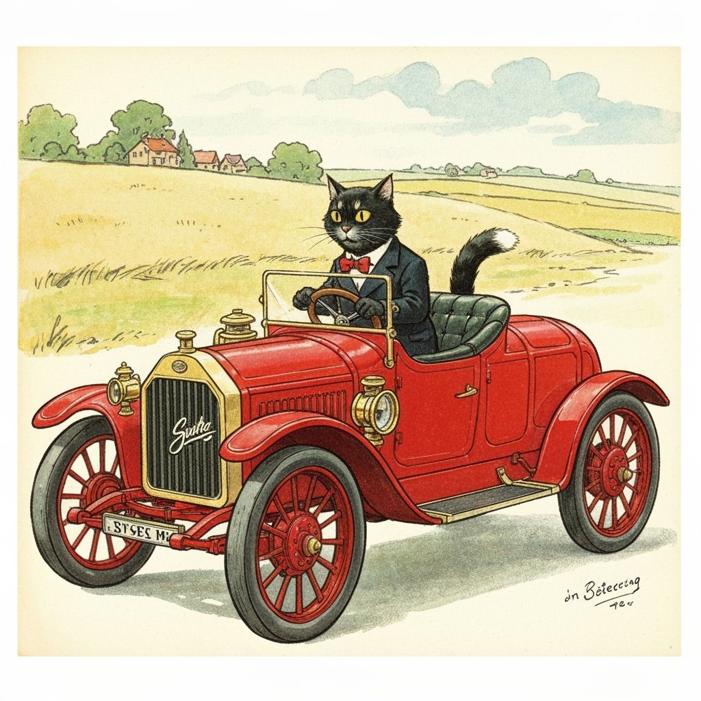 1920s Cat Drives Vintage Car Through Countryside