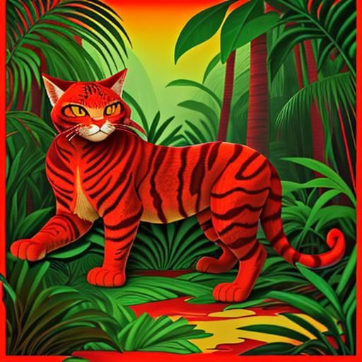 Giant Red Cat in Tropical Forest, Naive Art