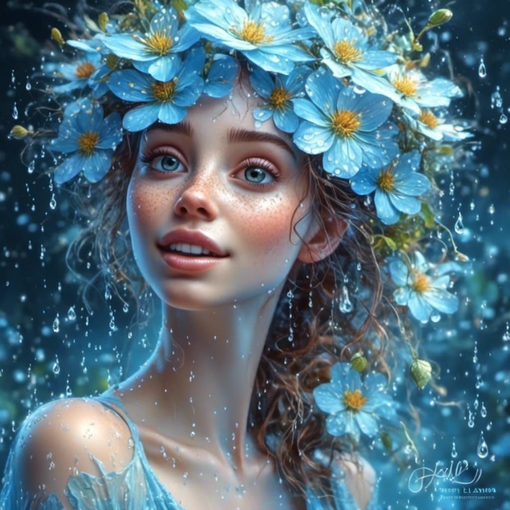 Portrait of a Beautiful Woman with Blue Flowers