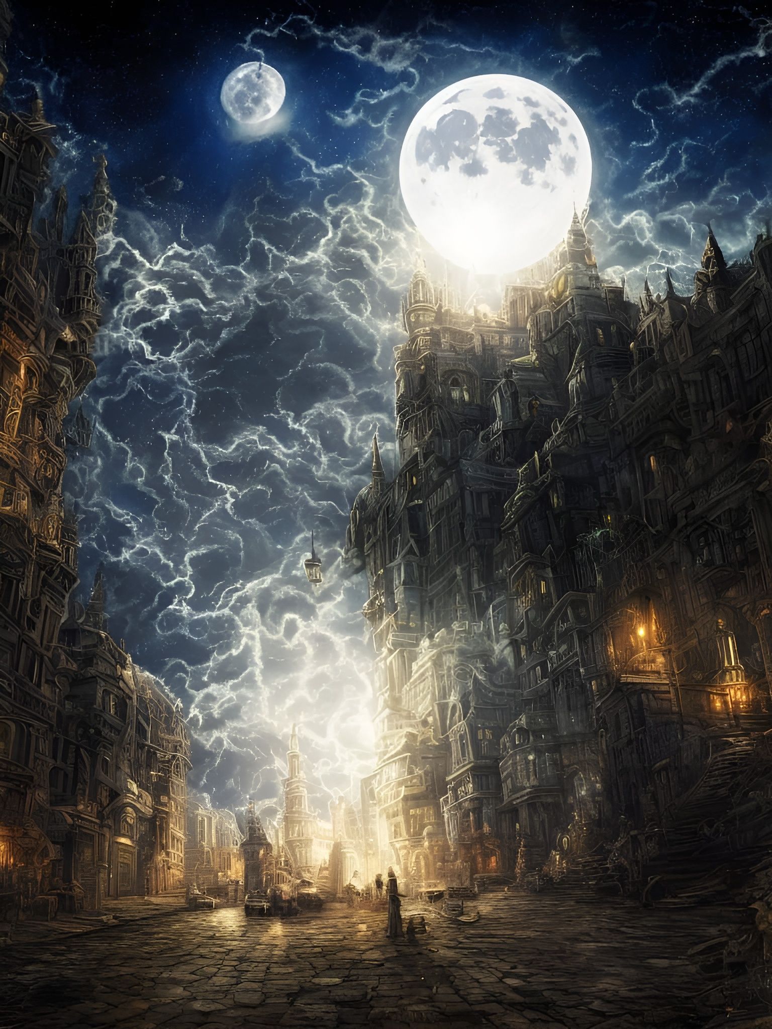 Surreal Moonscape with Clockwork City, Digital Art