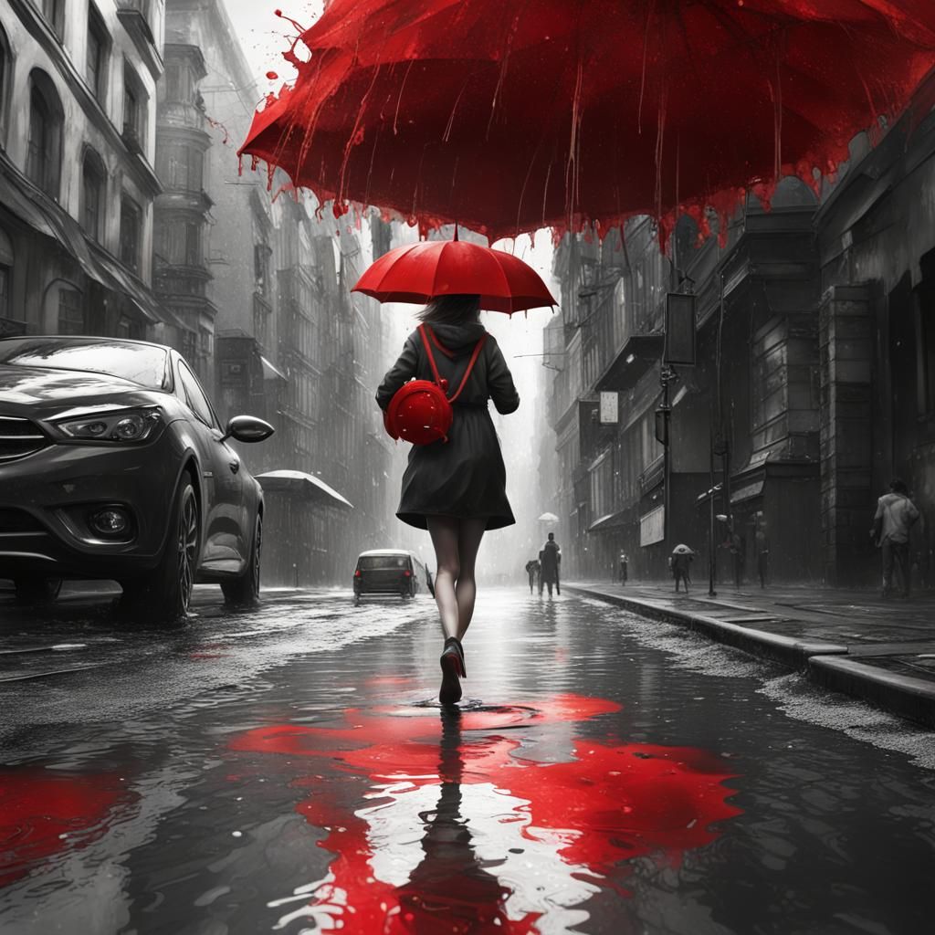 Girl in Red Splashing Puddle: Matte Painting