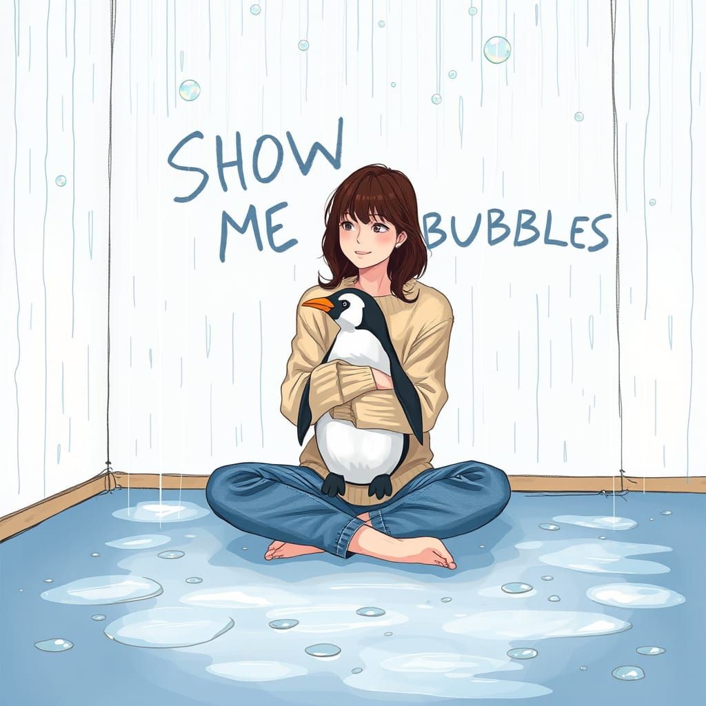 Whimsical Rainy Day Scene with Iridescent Bubbles and Pengui...