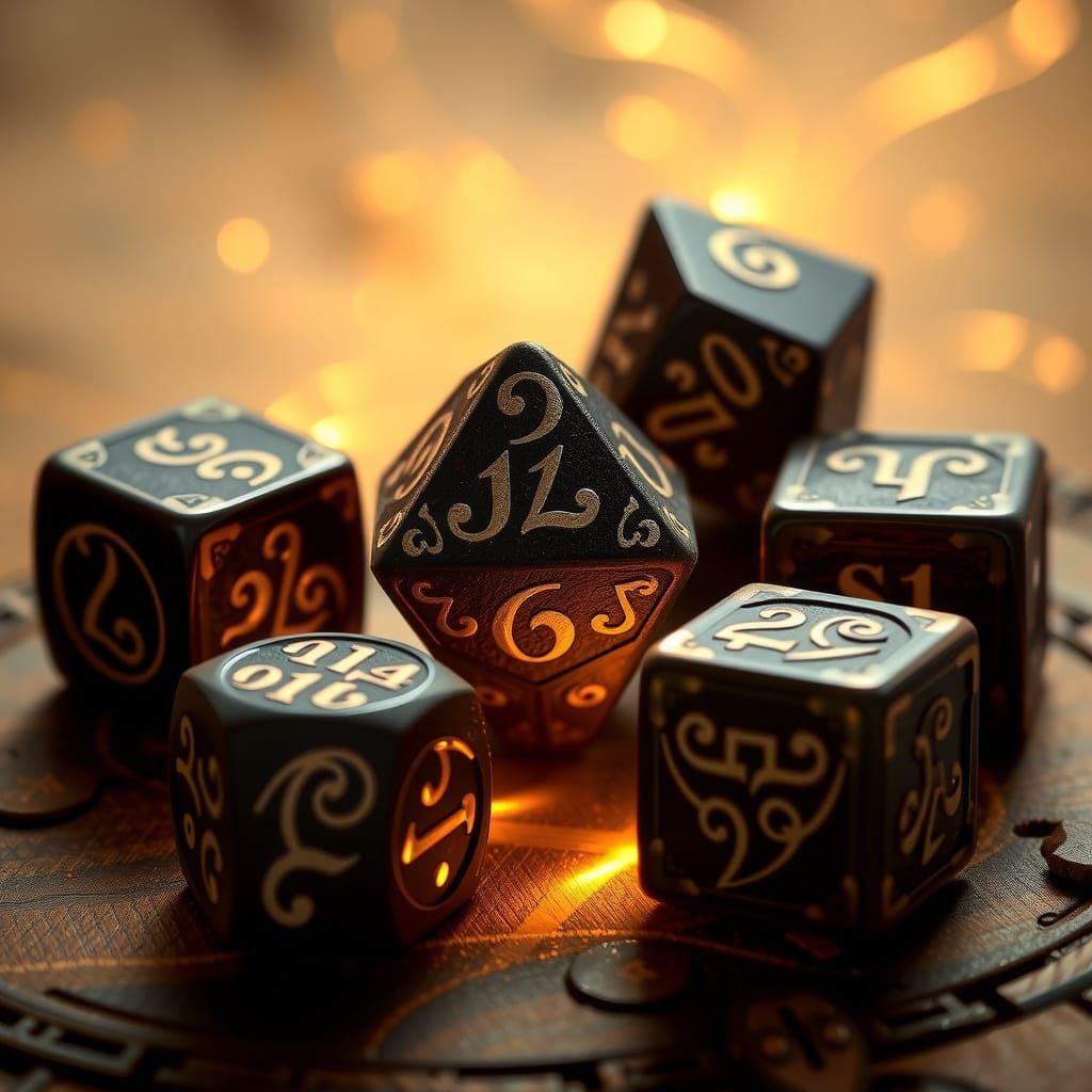 Dark Wood Fantasy Dice with Intricate Patterns and Metal Inl...