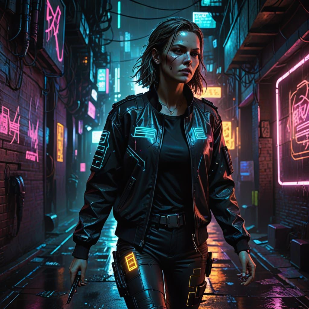 Cyberpunk Jaime Sommers in Dark Alley