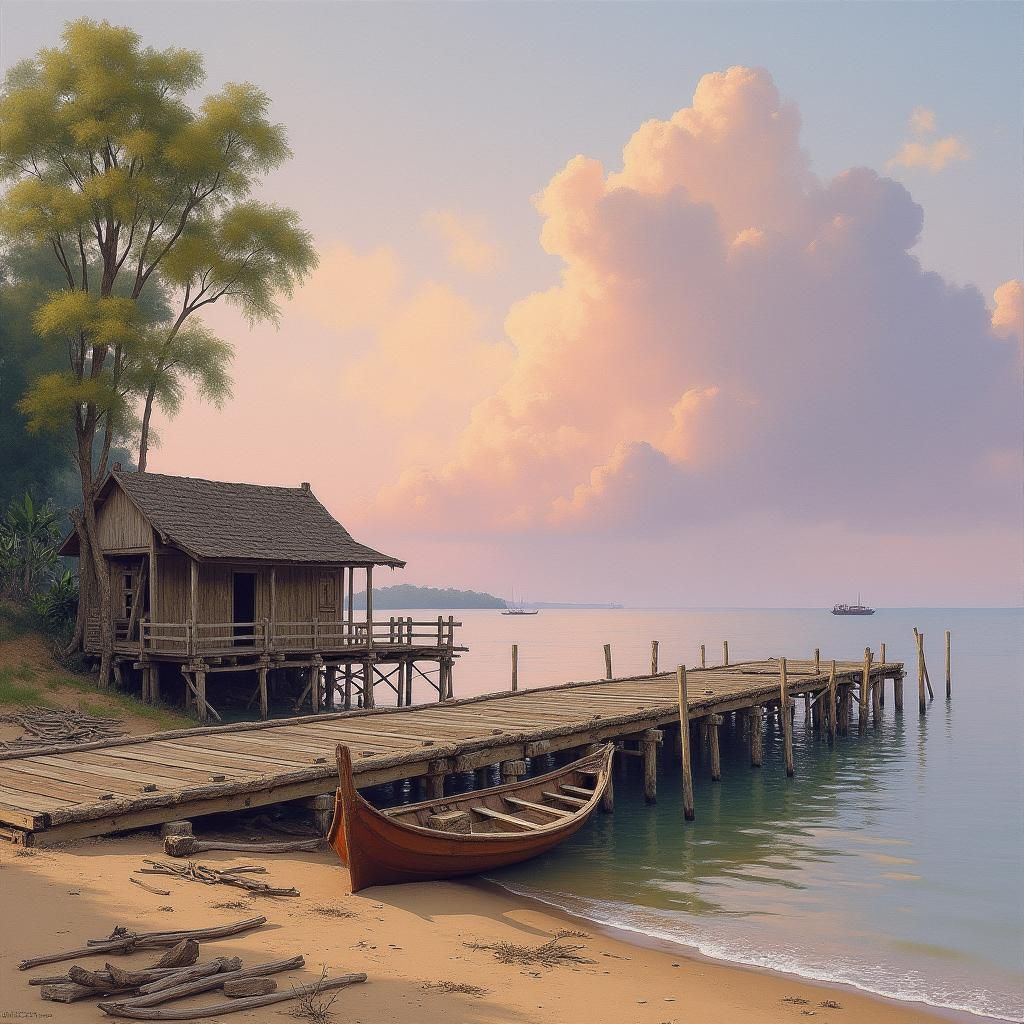 Rangoon Riverside Scene as Watercolor Painting