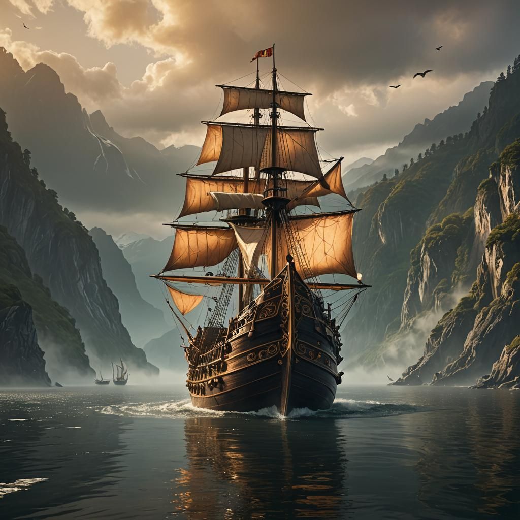 Medieval Cog Ship Sails Misty Fjord