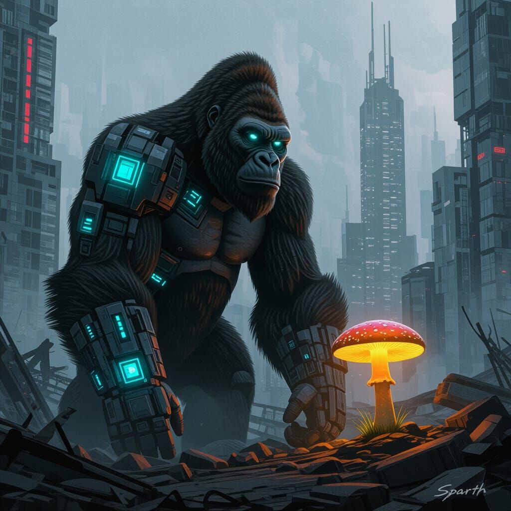 Cybernetic Gorilla in Futuristic City Ruins