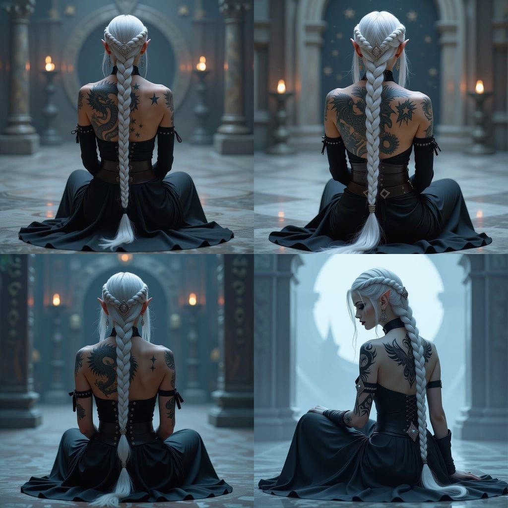Drow Priestess with Intricate Back Tattoo, Cinematic Style