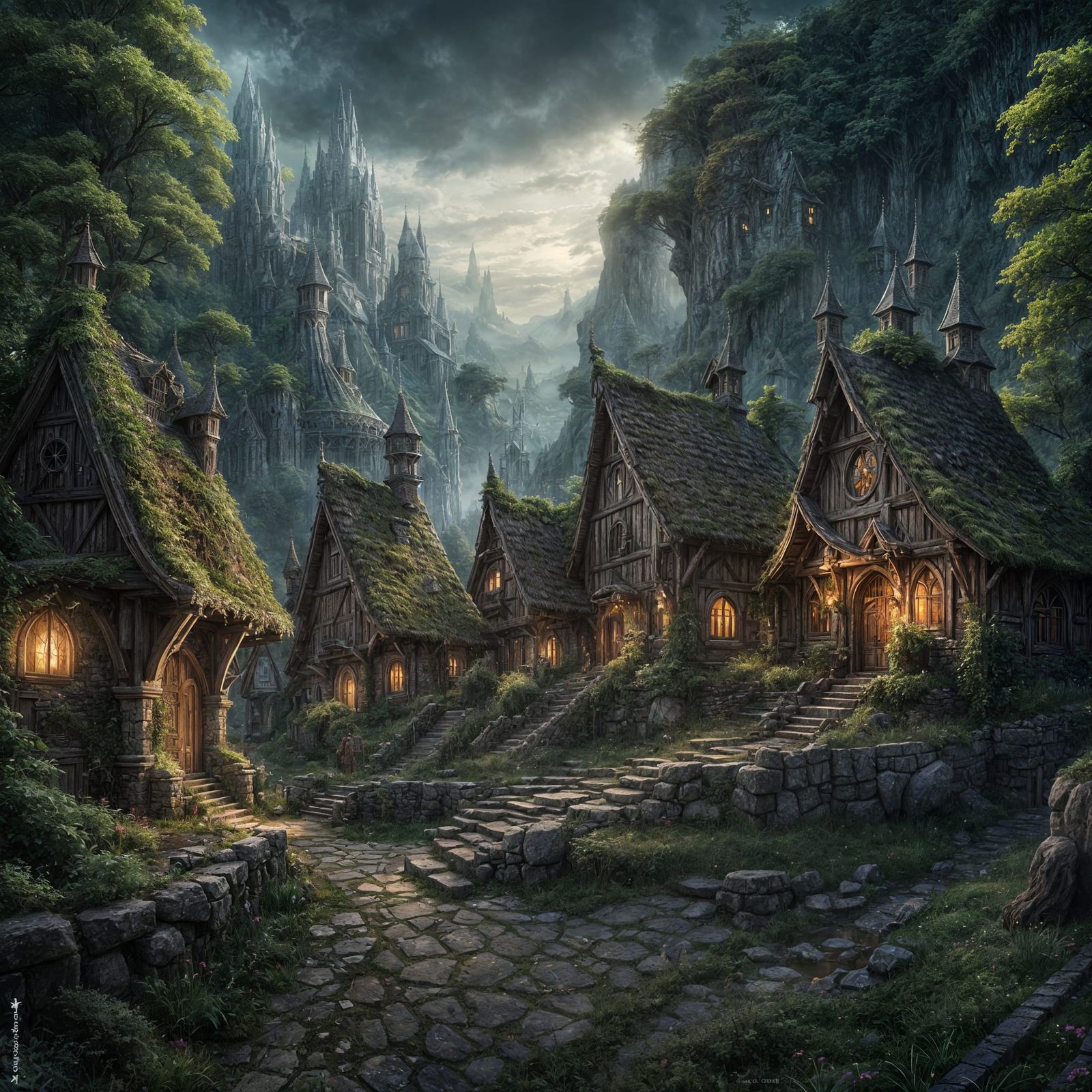 Elven Village in Abandoned Dwarven Ruins: Dark Fantasy