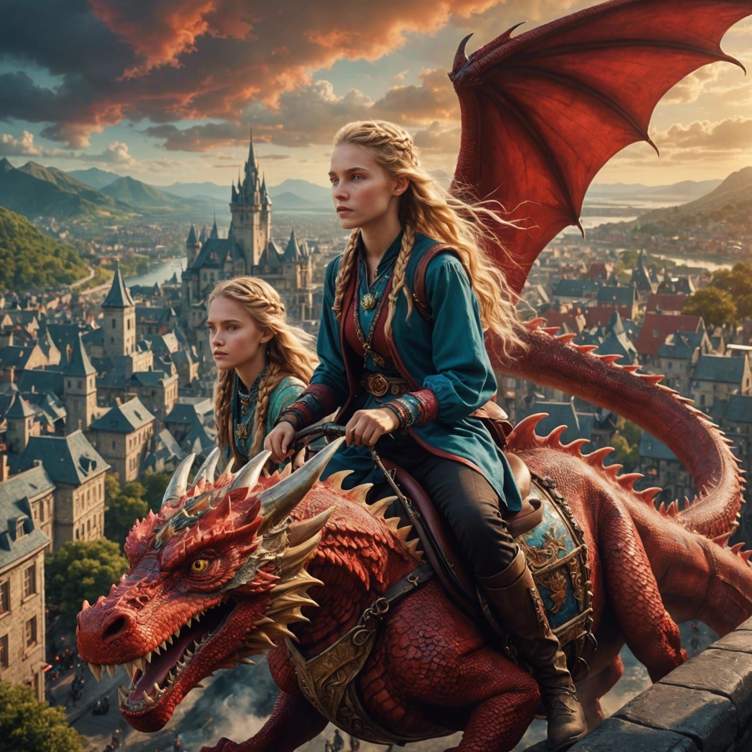 Teens on Dragons Over Fantasy Town: Digital Painting
