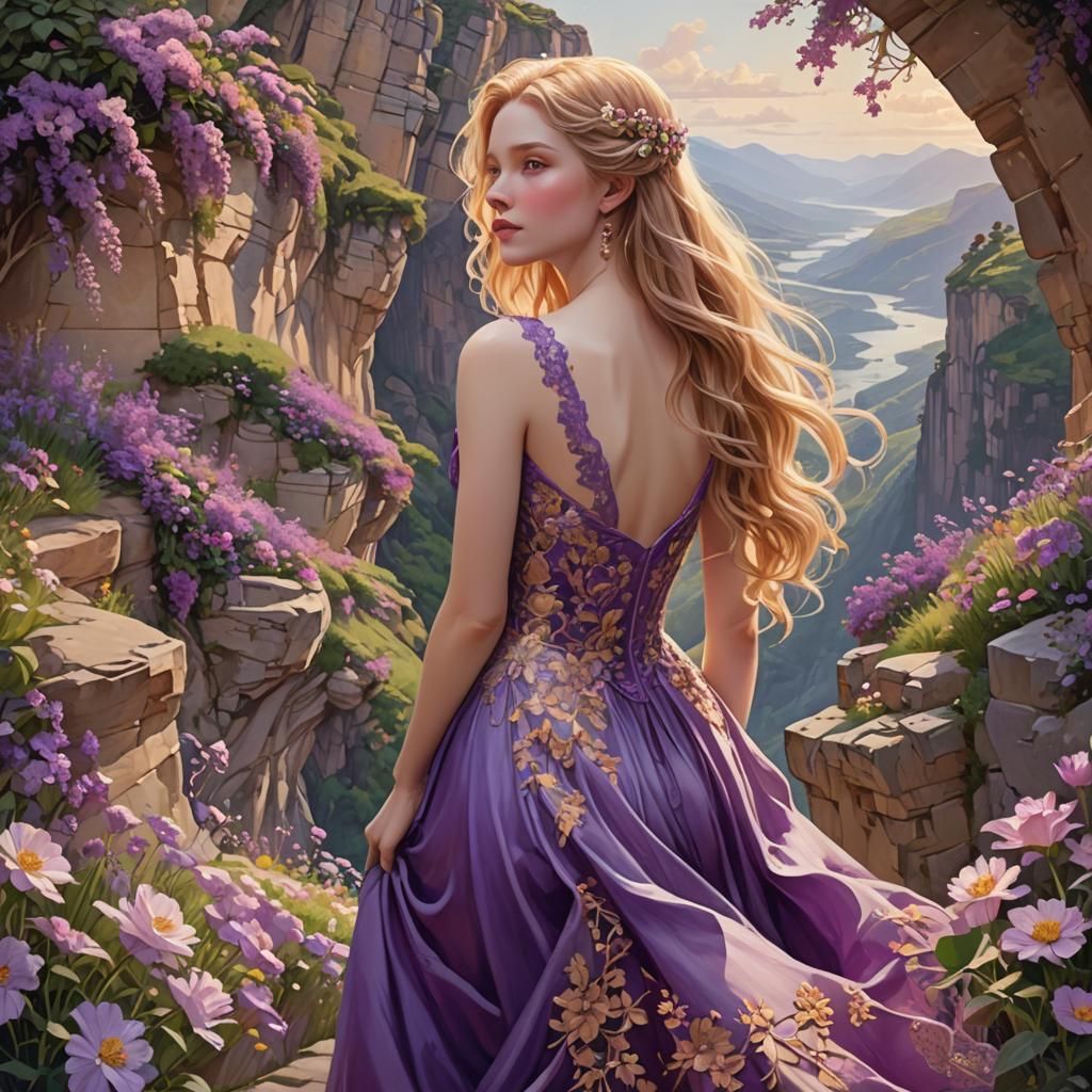 Ethereal Girl on Cliffside in Fantasy Landscape