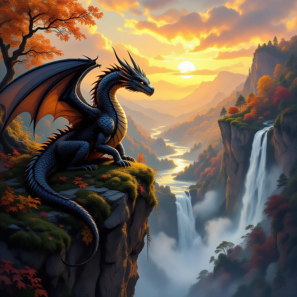 Ancient Obsidian Dragon Over Autumn Forest