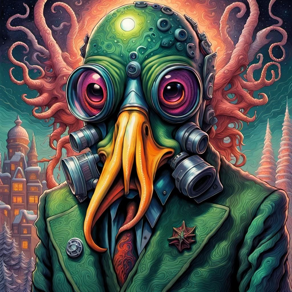 Surreal Sci-Fi Duck Cthulhu in Gasmask