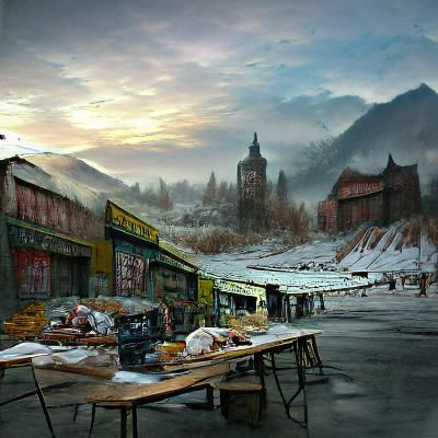 Winter's Abandoned Market: A Detailed Matte Painting