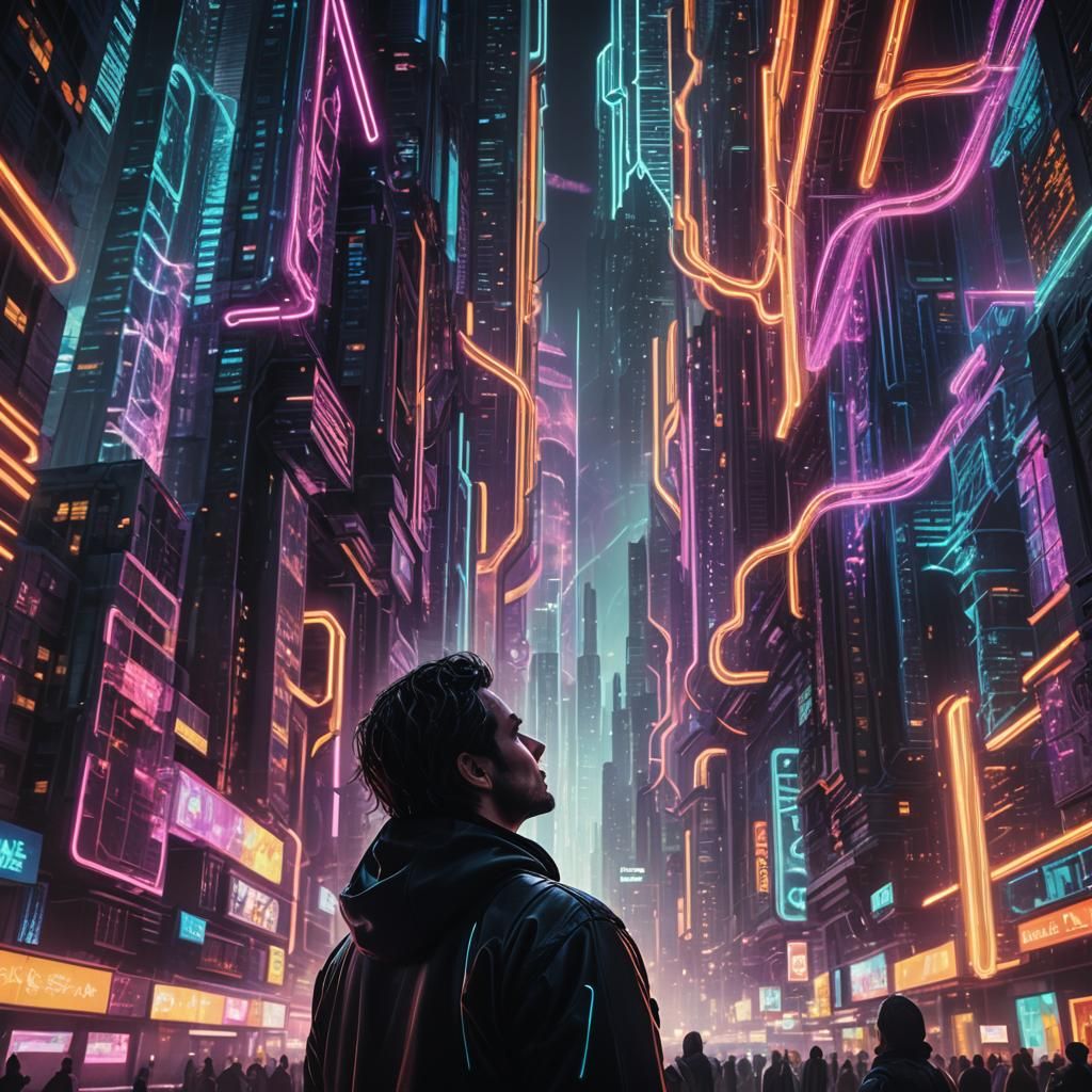 Futuristic Cityscape with Psychedelic Sound Waves in Neon