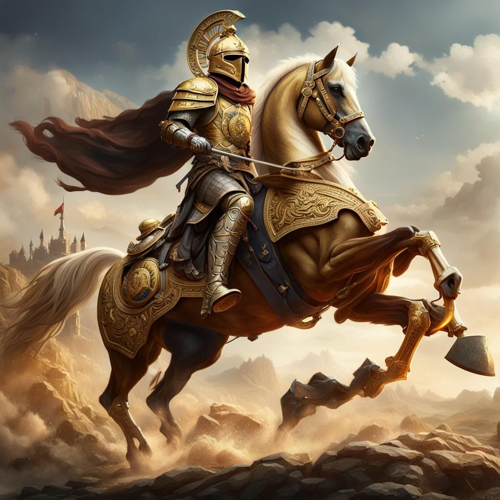 Golden Knight on Sleipnir, Fantasy Concept Art
