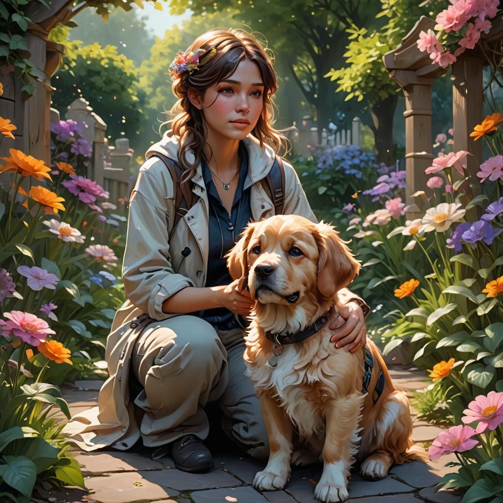 Woman and Dog in Nature's Therapy Garden