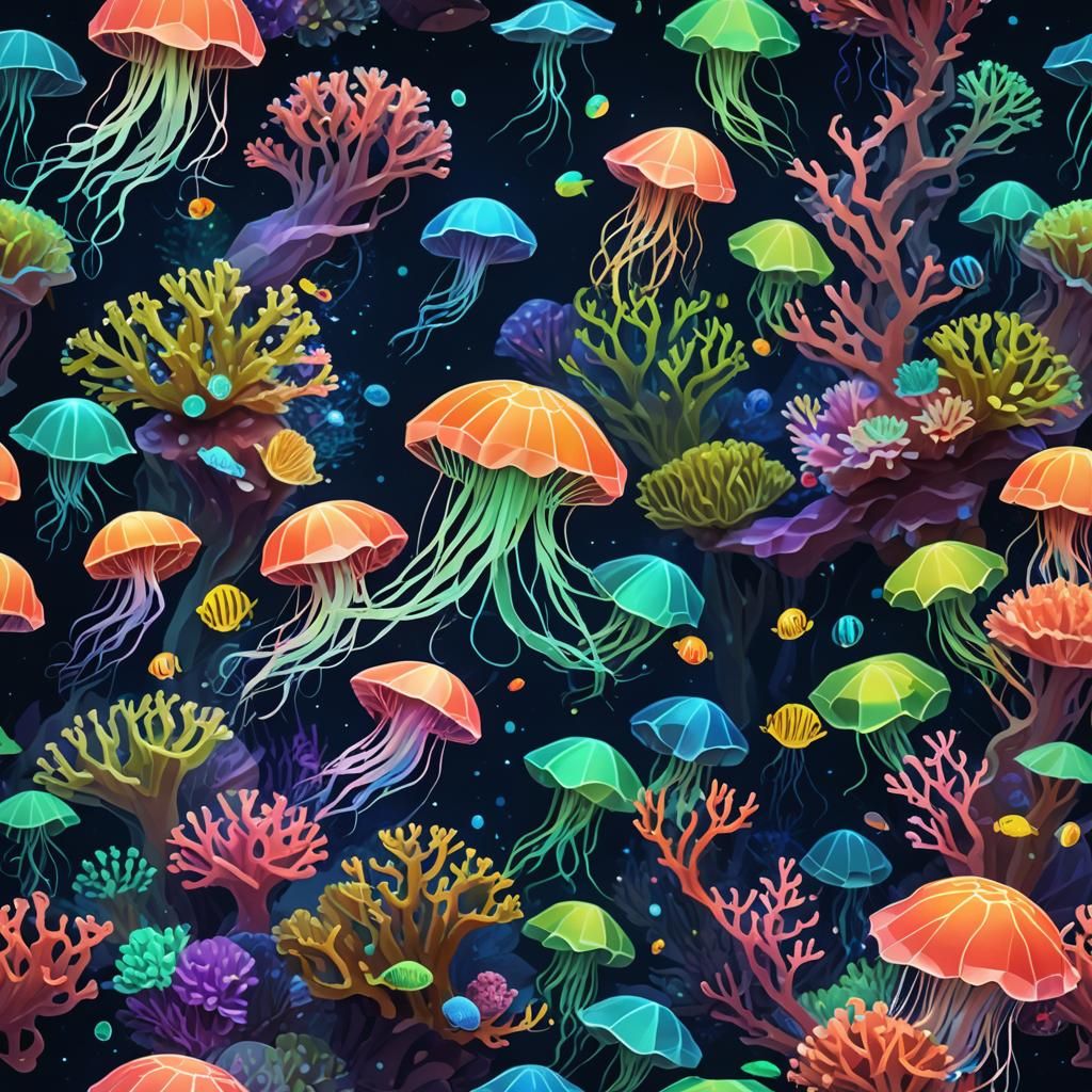 Vibrant Neon Coral Reef at Night in Low-Poly Style