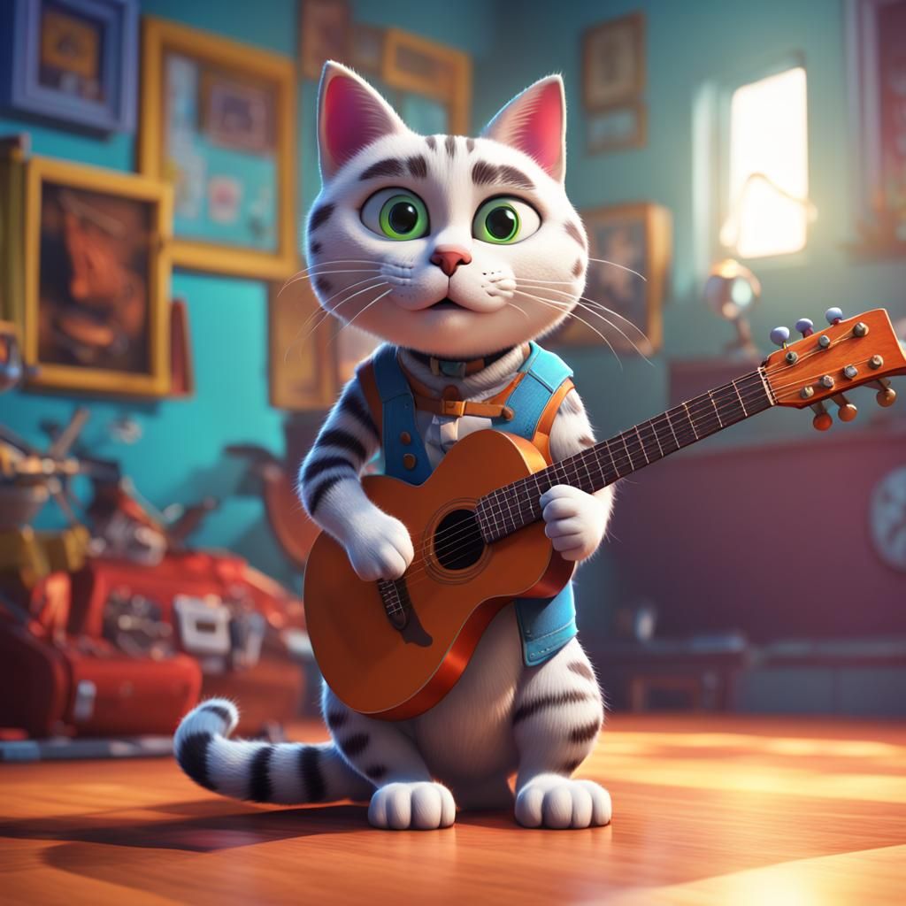 Cat Musician Rendered as Pixar Concept Art