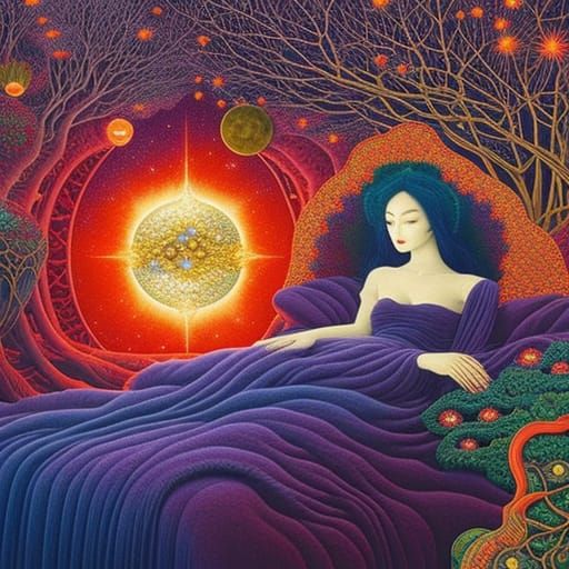 Celestial Woman in Surreal Flower Bed, Fairytale Art