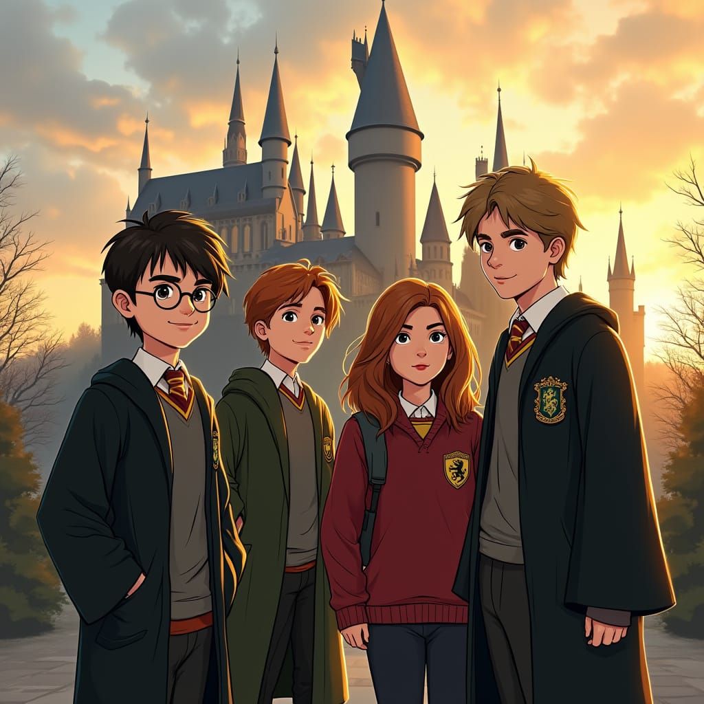 Young Wizards Stand Before Hogwarts in Vibrant Sunset Glory