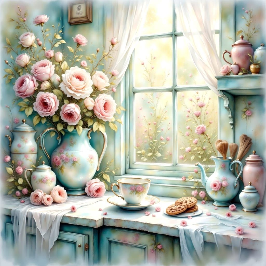 Peaceful Shabby Chic Kitchen with Roses in Watercolour