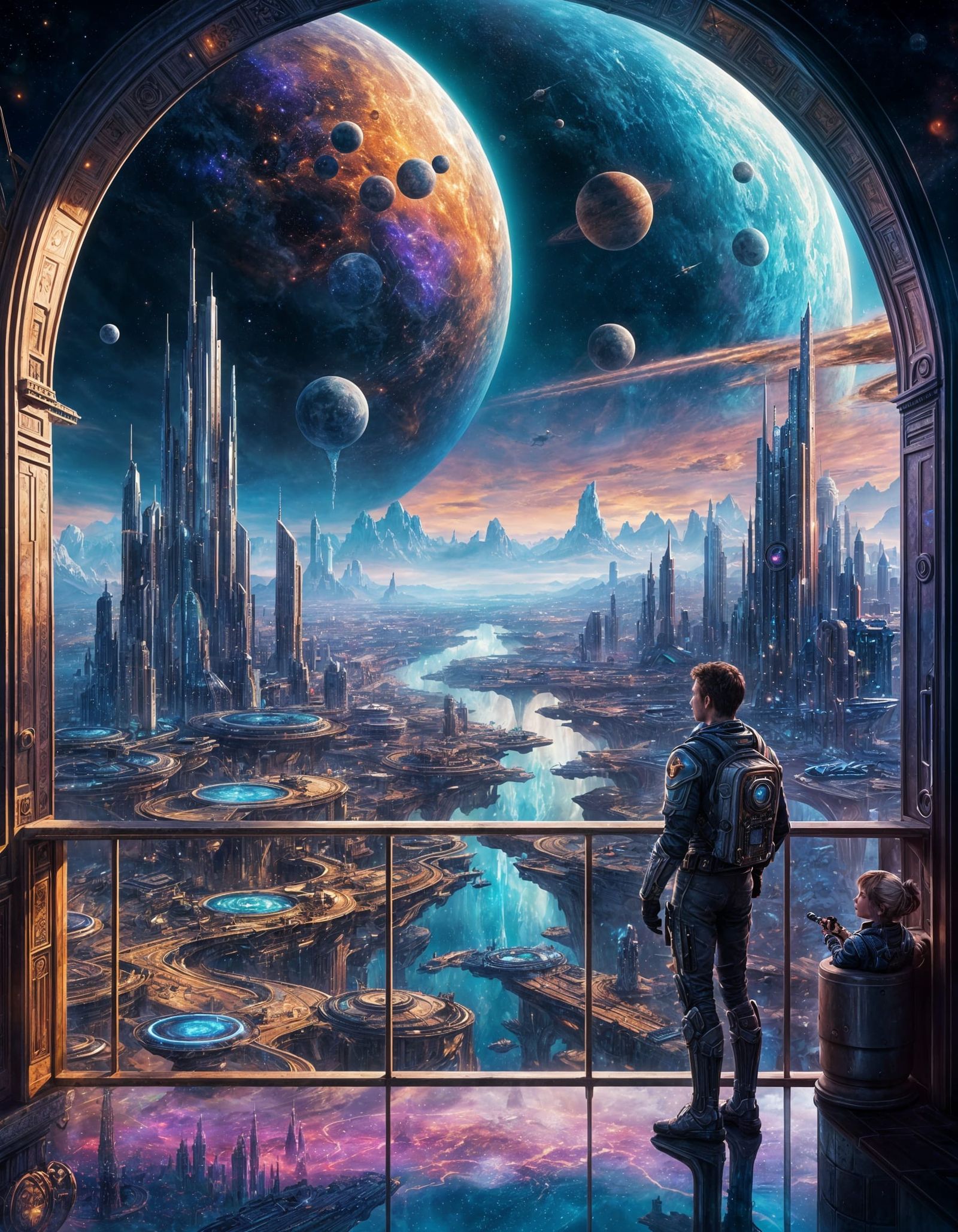 a view of a city from a balcony with a view of the planets, fantasy space, sci fi world, science fiction art ], very bea...