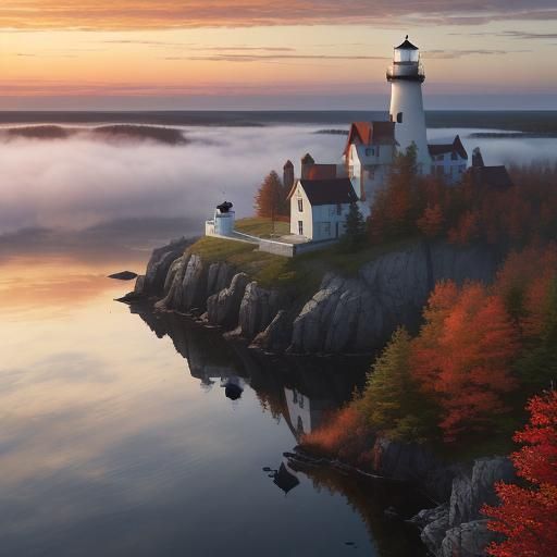 Maine Lighthouse at Autumn Sunset