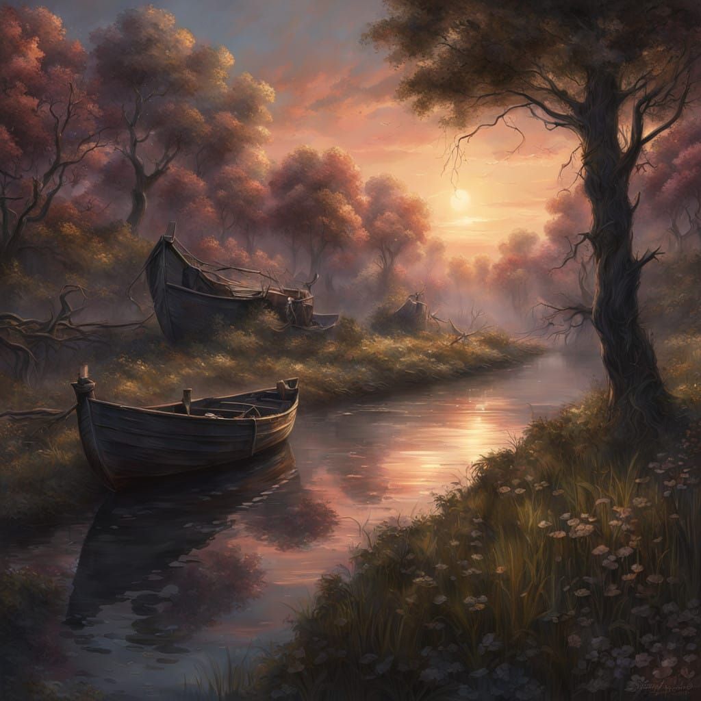 Moonlit Stream Serenity in Eerie Sunset Hues