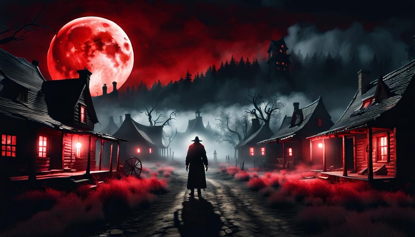 Haunted Colonial Village Under a Blood Moon