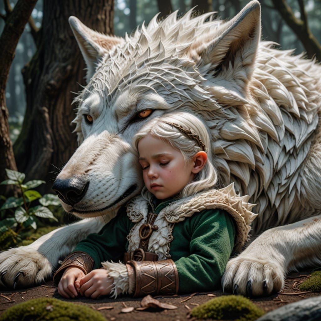 small, toddler, young, Female Elf child sleeping against a m...