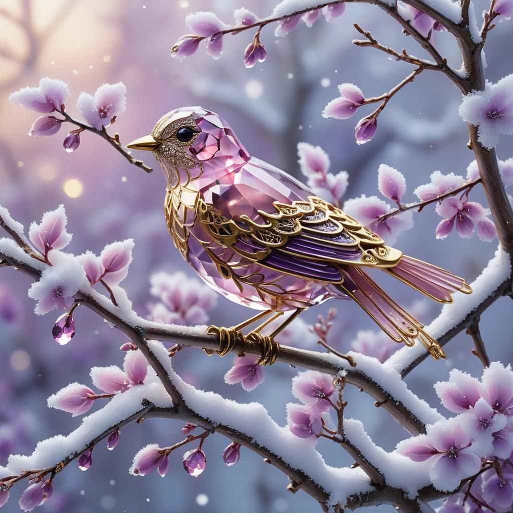 Pink Crystal Bird with Gold Filigree on Blossoms