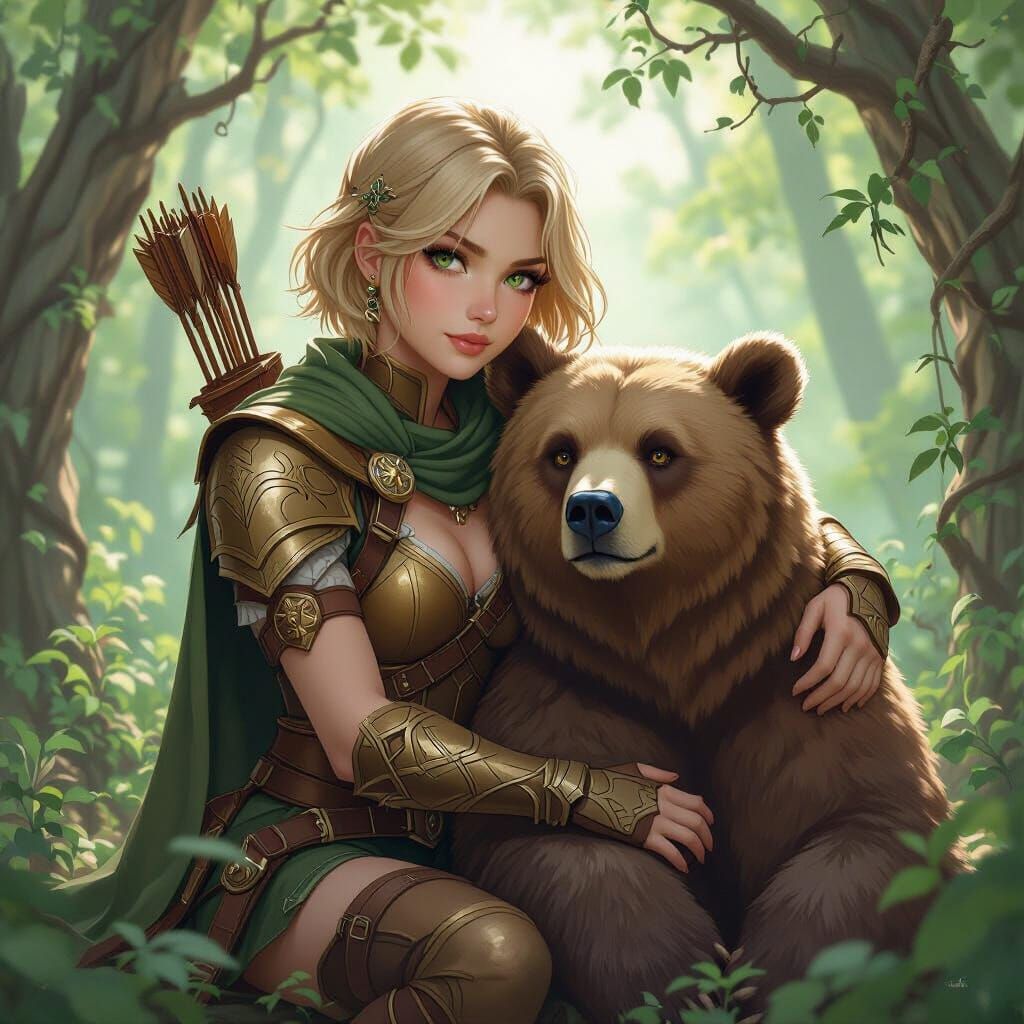 Elven Ranger and Bear in Forest, Hyperdetailed Digital Art