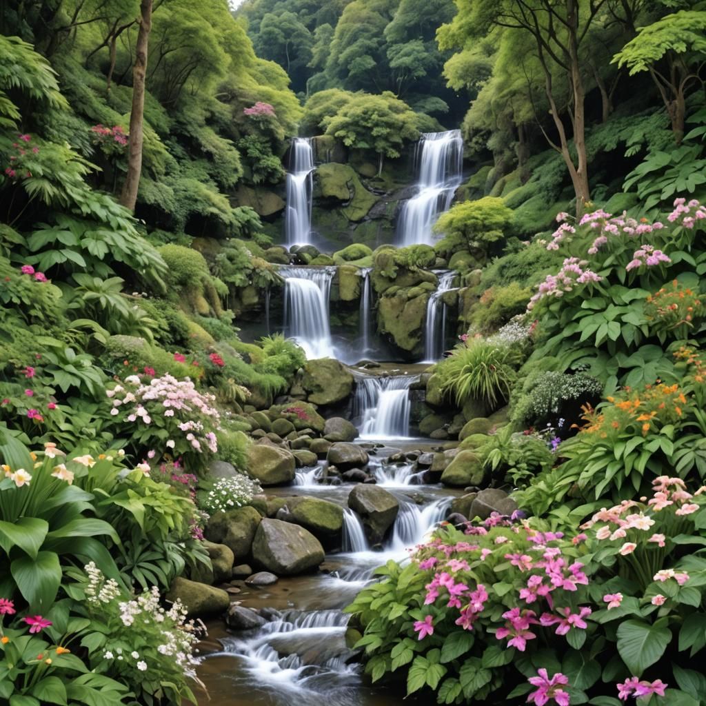 Majestic Waterfall with Lush Foliage and Flowers