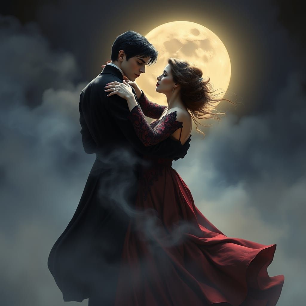 Vampire Tango in Moonlit Mist, Art Nouveau Style