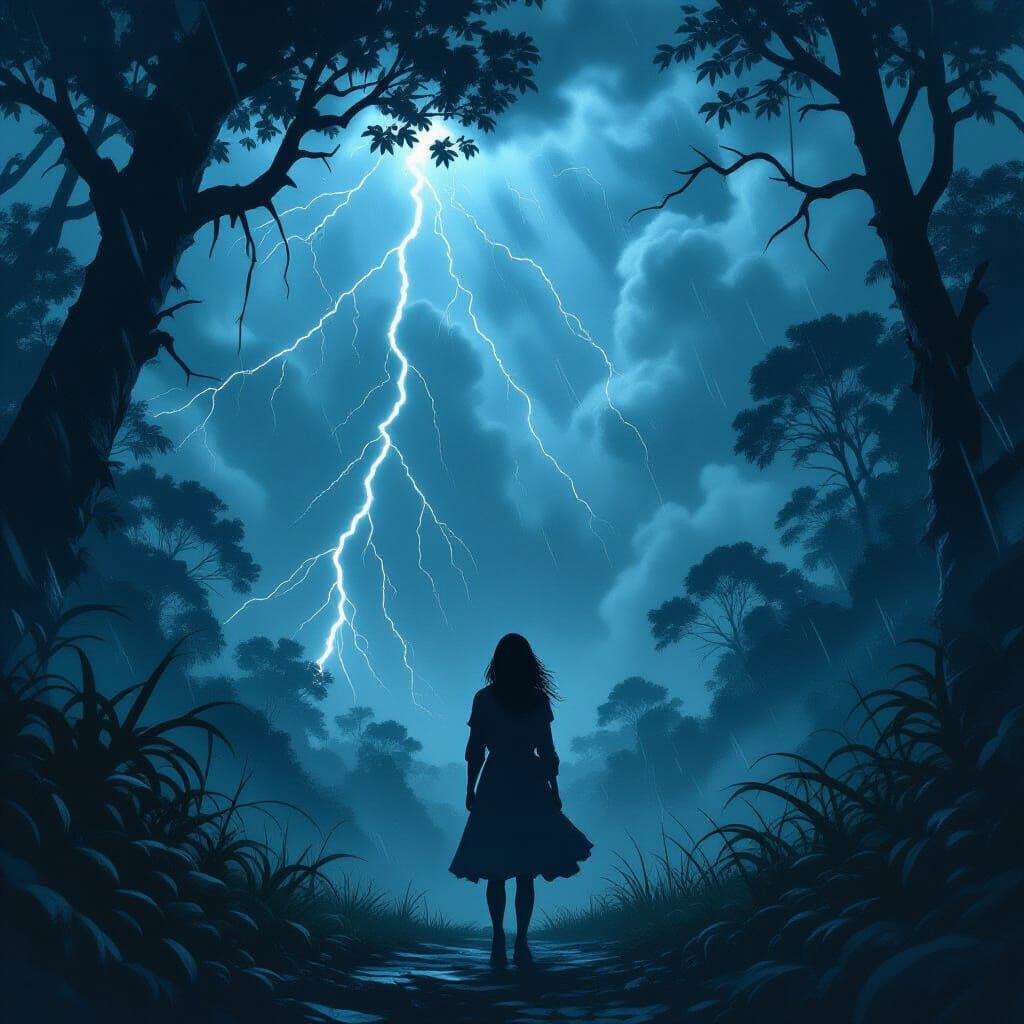 Eerie Jungle Storm: Woman in the Style of Dark Art