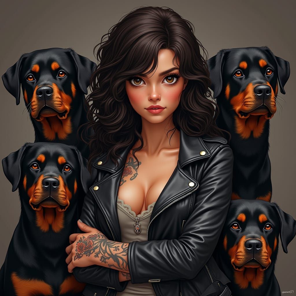 Girl with Rottweilers in Dramatic Graphic Style