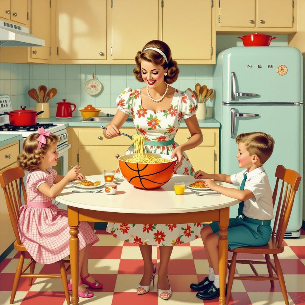 Vintage Kitchen Scene with Spaghetti, Rockwell Style